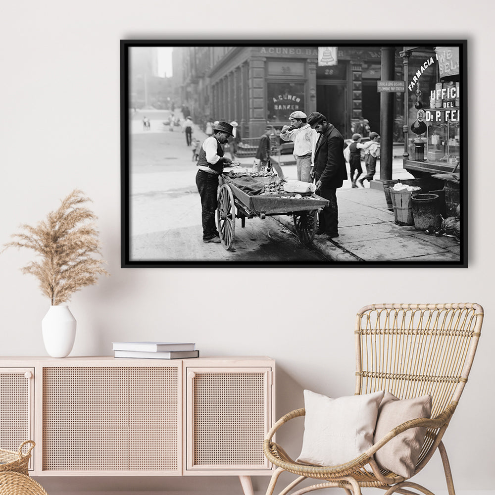 Street Food New York City Black and White Art, Floating Framed Canvas Print