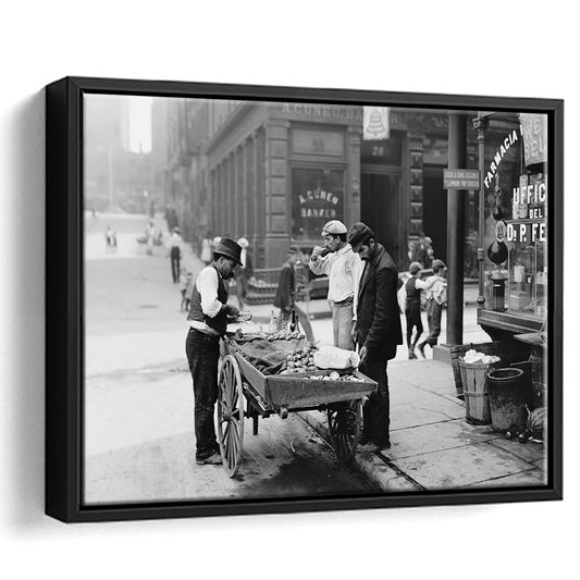 Street Food New York City Black and White Art, Floating Framed Canvas Print