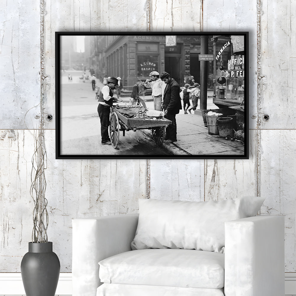 Street Food New York City Black and White Art, Floating Framed Canvas Print