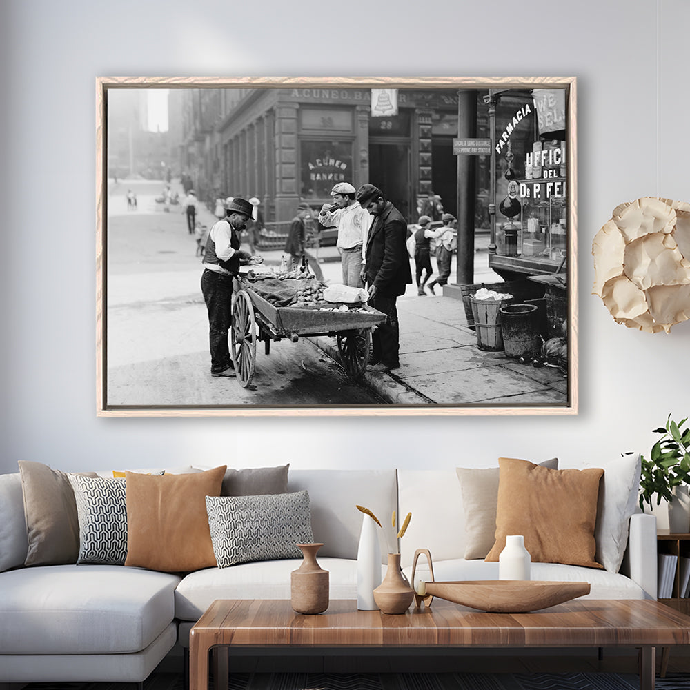 Street Food New York City Black and White Art, Floating Framed Canvas Print