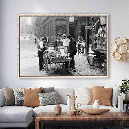 Street Food New York City Black and White Art, Floating Framed Canvas Print