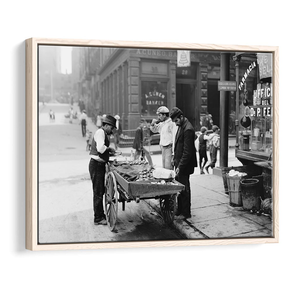 Street Food New York City Black and White Art, Floating Framed Canvas Print
