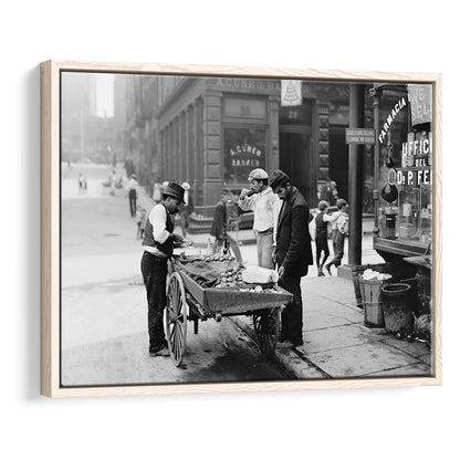 Street Food New York City Black and White Art, Floating Framed Canvas Print
