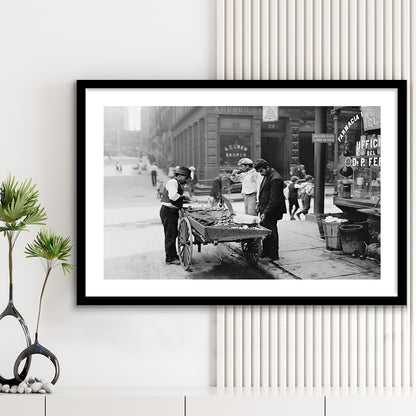 Street Food New York City Black and White Art, Framed Art Print White Border Wall Decor