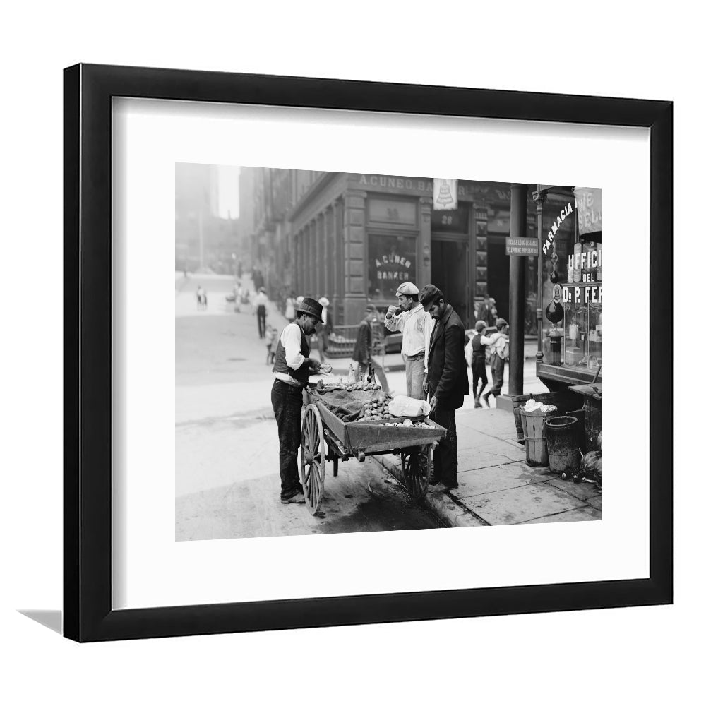 Street Food New York City Black and White Art, Framed Art Print White Border Wall Decor
