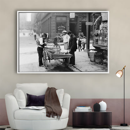 Street Food New York City Black and White Art, Floating Framed Canvas Print