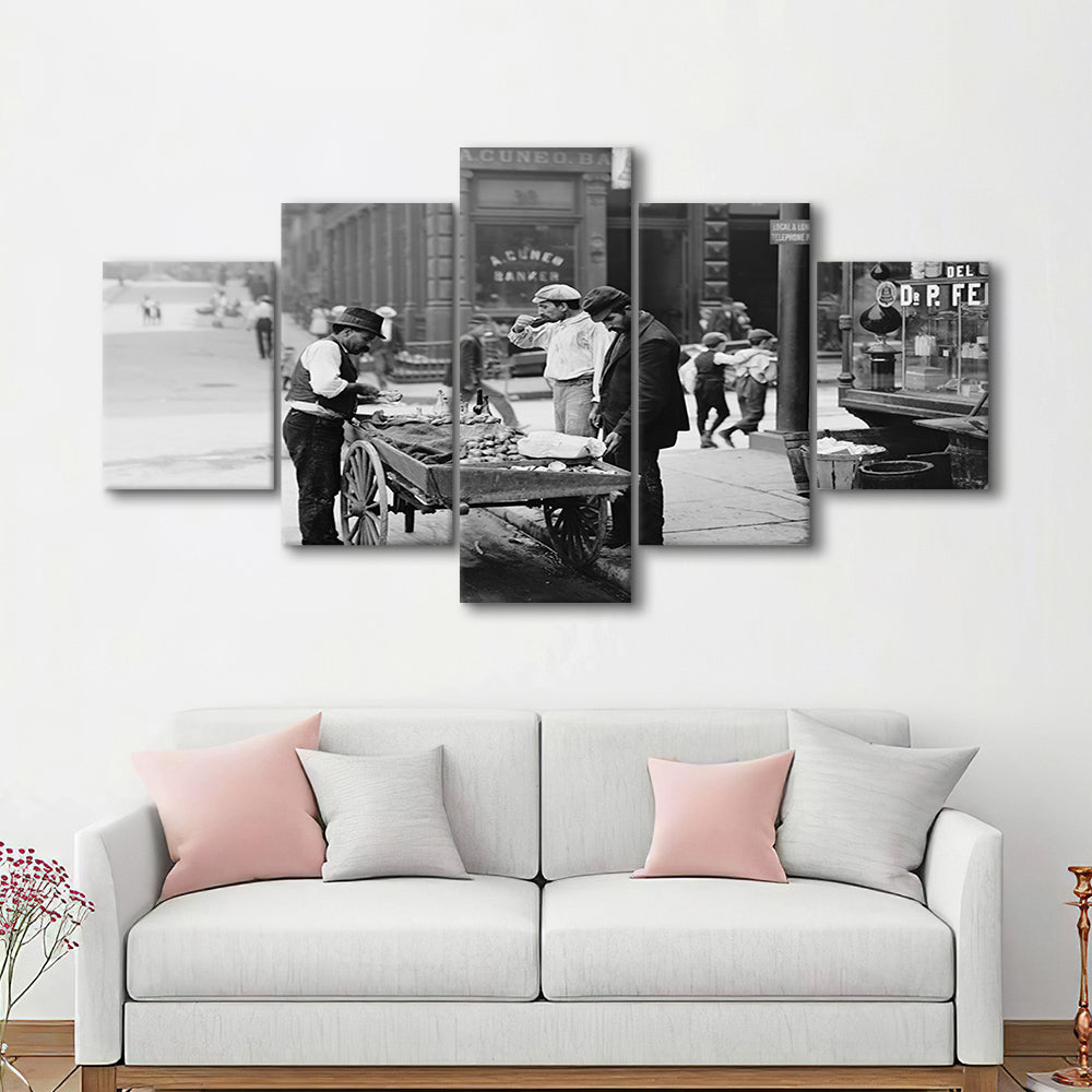 Street Food New York City Black and White Art, Mixed 5 Pieces Canvas Print