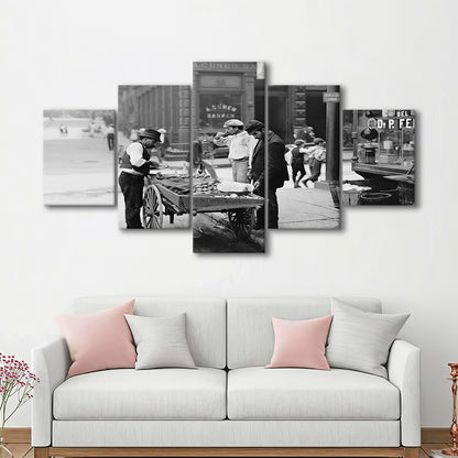 Street Food New York City Black and White Art, Mixed 5 Pieces Canvas Print