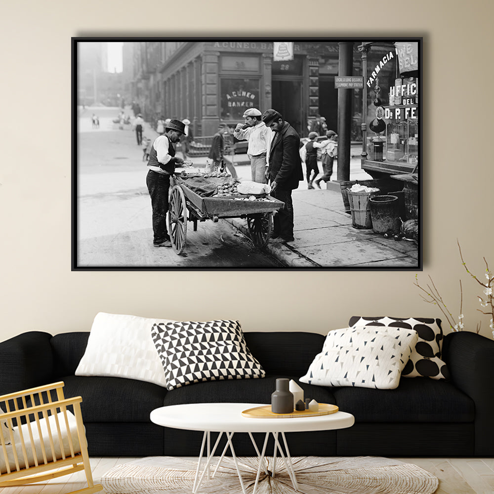 Street Food New York City Black and White Art, Floating Framed Canvas Print