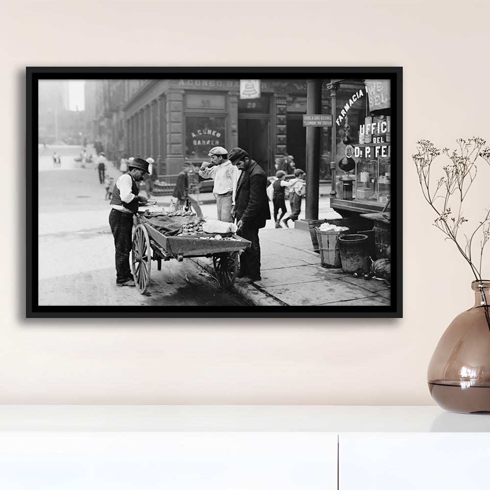 Street Food New York City Black and White Art, Floating Framed Canvas Print