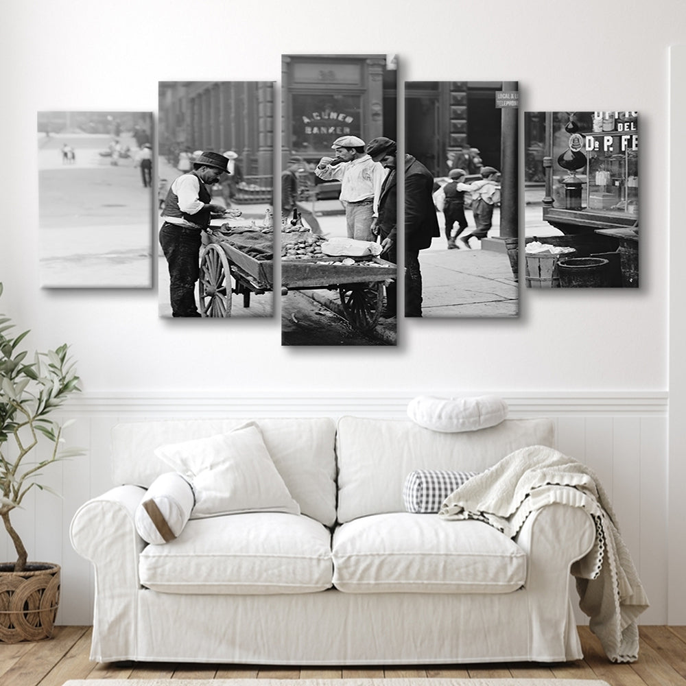 Street Food New York City Black and White Art, Mixed 5 Pieces Canvas Print
