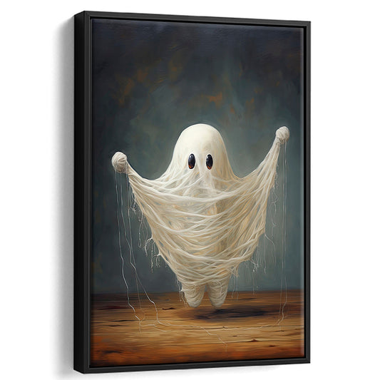 Stringy Ghost Art Print Oil Painting Cute Ghost Spooky Halloween Decor Vintage, Framed Canvas Print Wall Art, Floating Frame