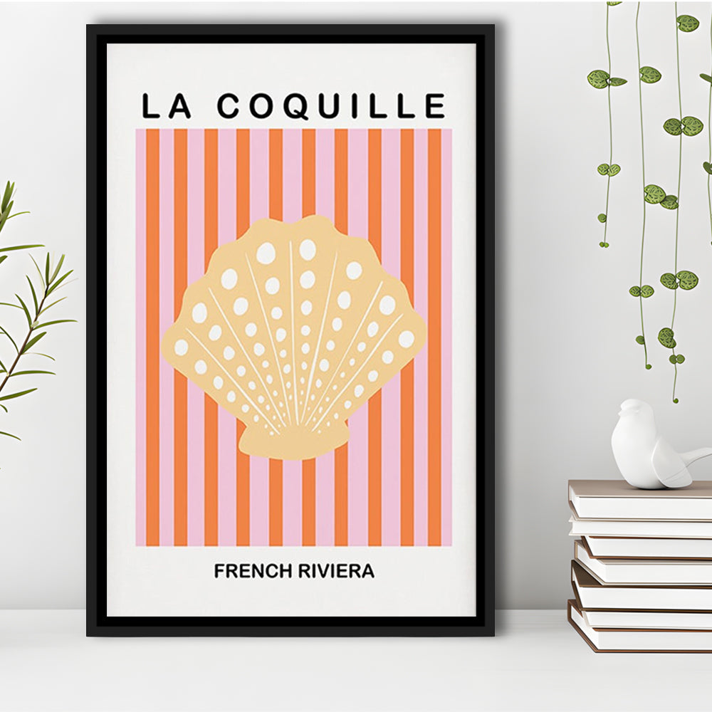 Striped Clam Shell Print Riviera Pink And Orange Art Mermaid, Framed Canvas Prints Wall Art