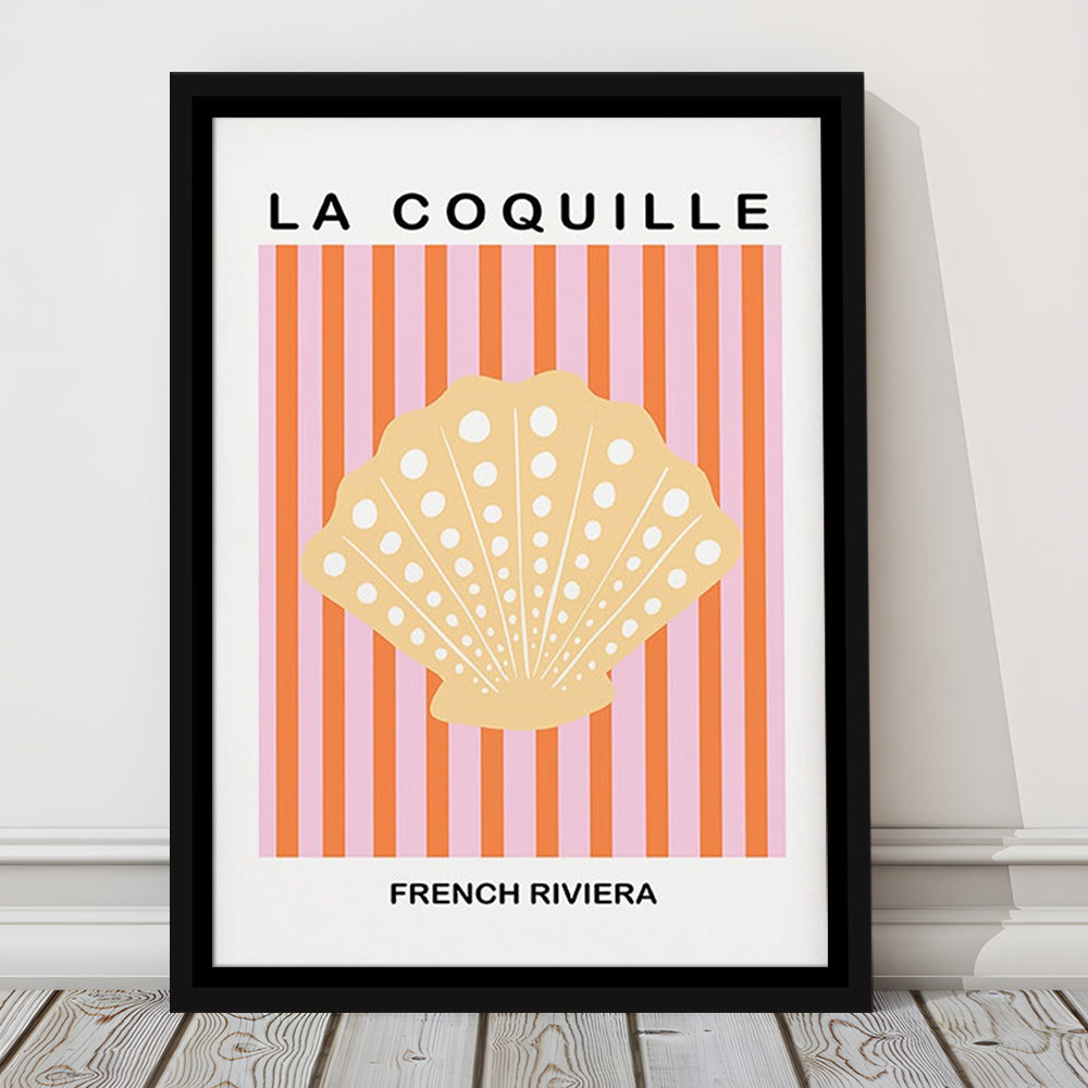 Striped Clam Shell Print Riviera Pink And Orange Art Mermaid, Framed Canvas Prints Wall Art