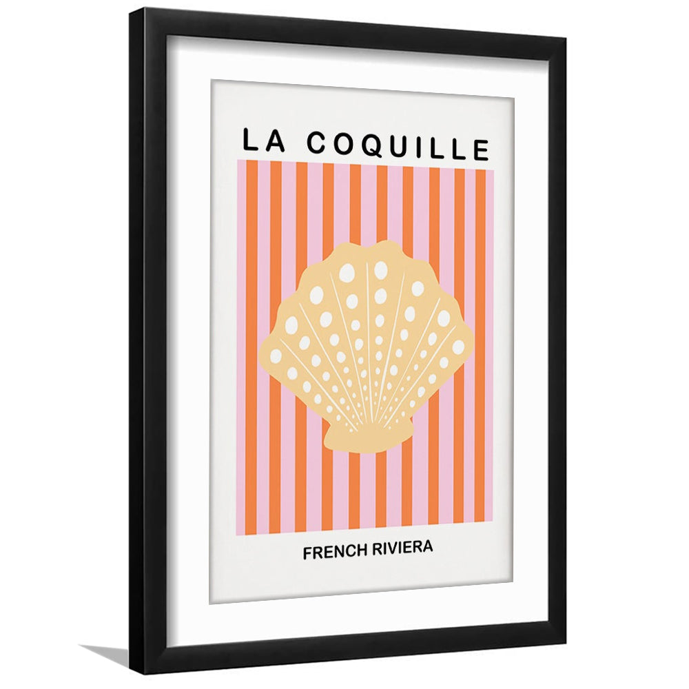 Striped Clam Shell Print Riviera Pink And Orange Art Mermaid, Framed Art Prints White Border Wall Decor