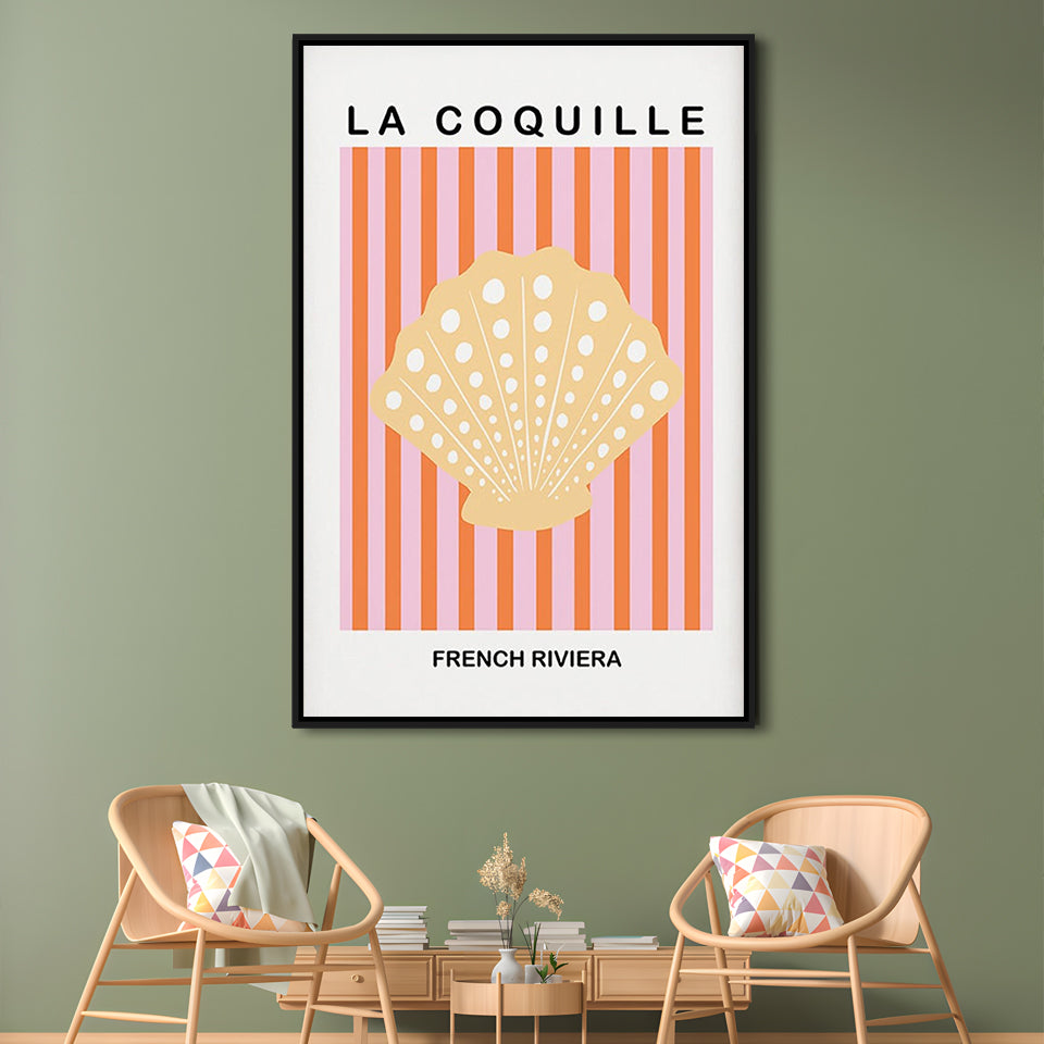 Striped Clam Shell Print Riviera Pink And Orange Art Mermaid, Framed Canvas Prints Wall Art