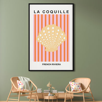 Striped Clam Shell Print Riviera Pink And Orange Art Mermaid, Framed Canvas Prints Wall Art