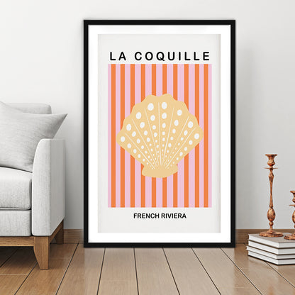 Striped Clam Shell Print Riviera Pink And Orange Art Mermaid, Framed Art Prints White Border Wall Decor