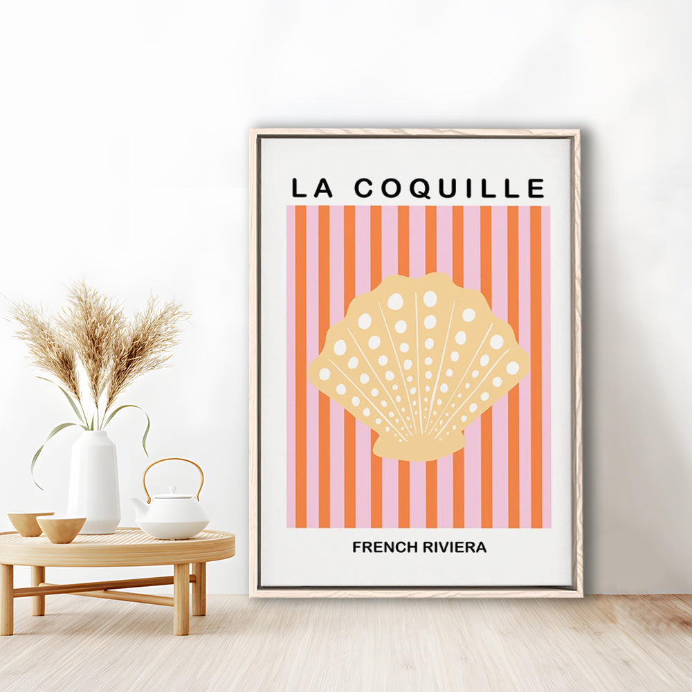Striped Clam Shell Print Riviera Pink And Orange Art Mermaid, Framed Canvas Prints Wall Art