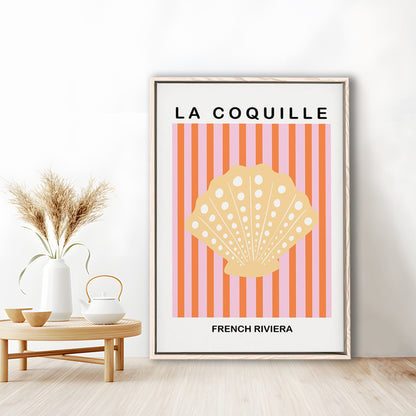 Striped Clam Shell Print Riviera Pink And Orange Art Mermaid, Framed Canvas Prints Wall Art