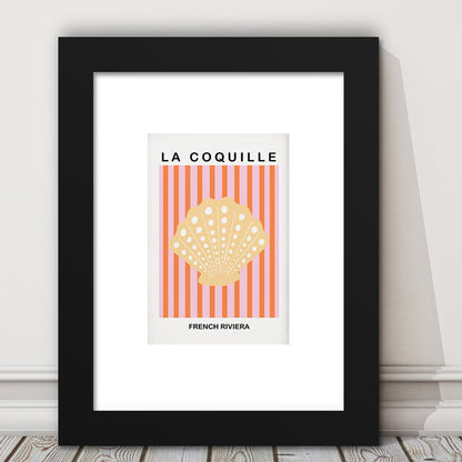 Striped Clam Shell Print Riviera Pink And Orange Art Mermaid, Framed Art Prints White Border Wall Decor
