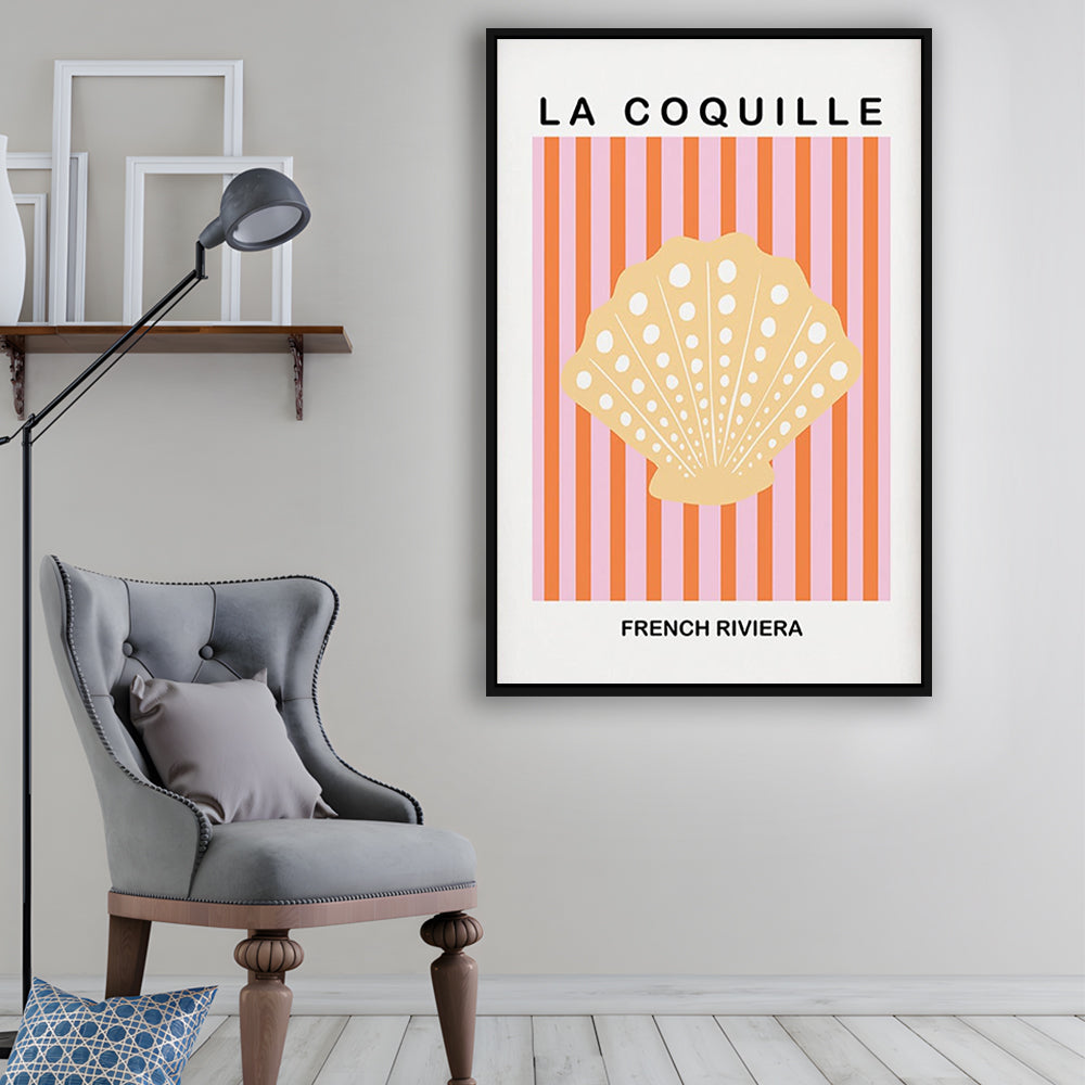 Striped Clam Shell Print Riviera Pink And Orange Art Mermaid, Framed Canvas Prints Wall Art