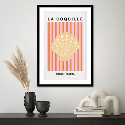 Striped Clam Shell Print Riviera Pink And Orange Art Mermaid, Framed Art Prints White Border Wall Decor