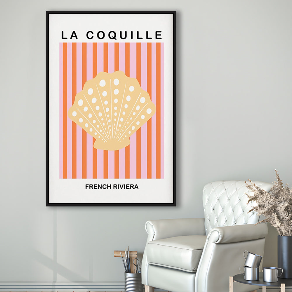 Striped Clam Shell Print Riviera Pink And Orange Art Mermaid, Framed Canvas Prints Wall Art