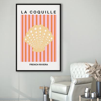 Striped Clam Shell Print Riviera Pink And Orange Art Mermaid, Framed Canvas Prints Wall Art