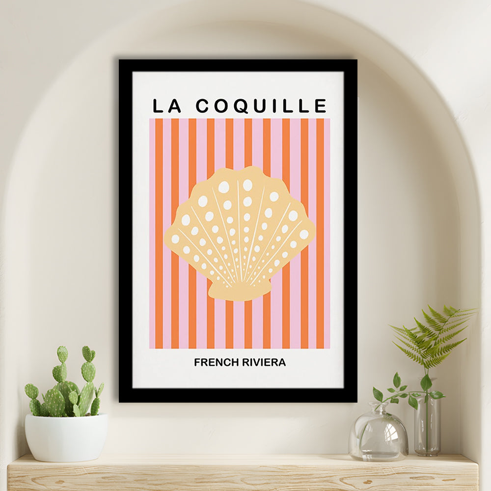 Striped Clam Shell Print Riviera Pink And Orange Art Mermaid, Framed Art Prints Wall Decor