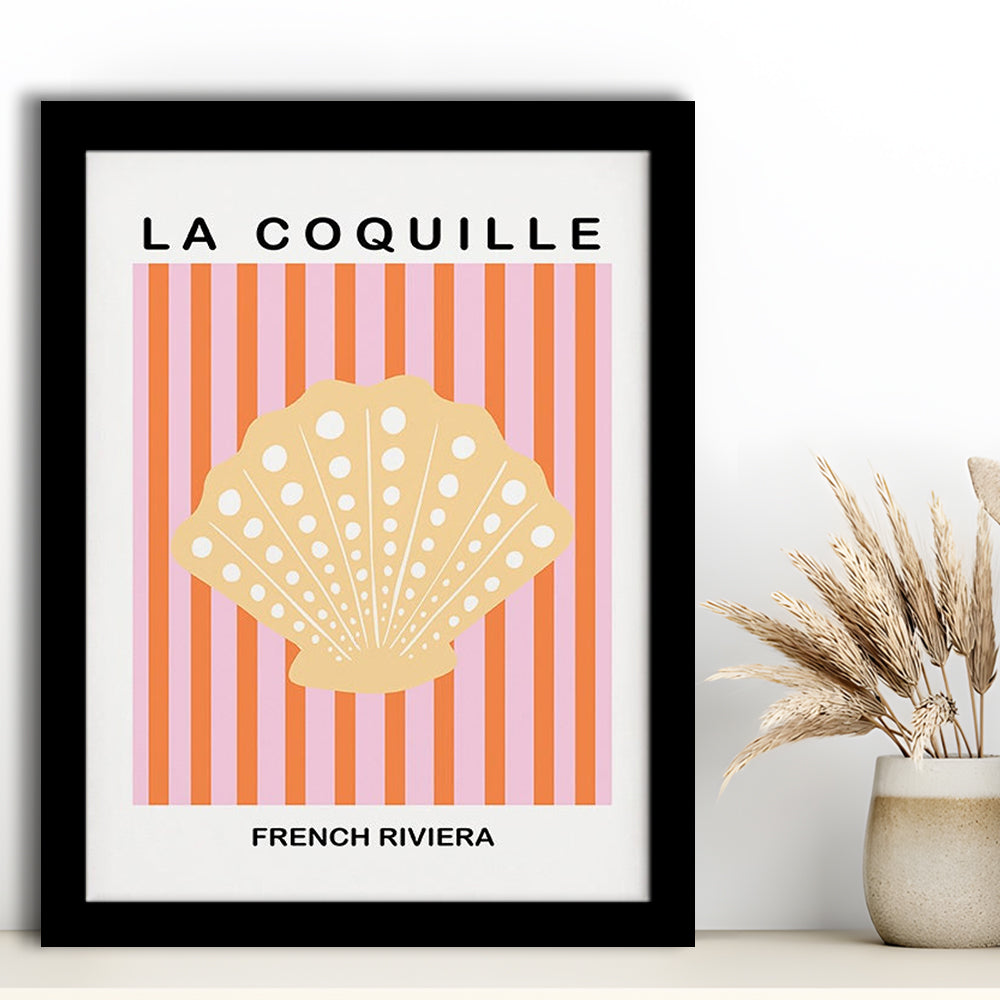 Striped Clam Shell Print Riviera Pink And Orange Art Mermaid, Framed Art Prints Wall Decor