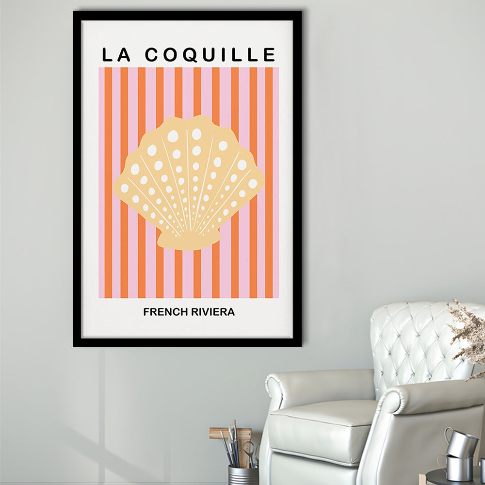 Striped Clam Shell Print Riviera Pink And Orange Art Mermaid, Framed Art Prints Wall Decor