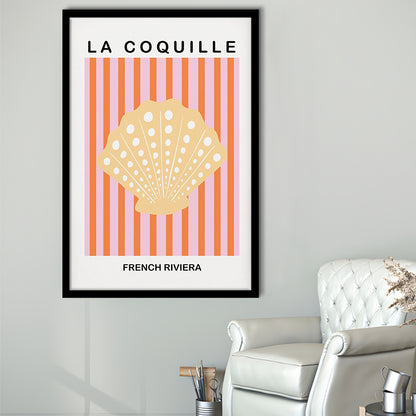 Striped Clam Shell Print Riviera Pink And Orange Art Mermaid, Framed Art Prints Wall Decor