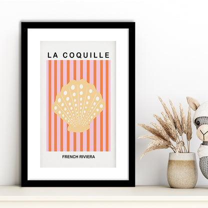 Striped Clam Shell Print Riviera Pink And Orange Art Mermaid, Framed Art Prints White Border Wall Decor