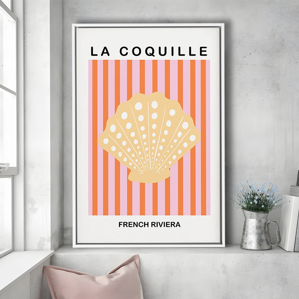 Striped Clam Shell Print Riviera Pink And Orange Art Mermaid, Framed Canvas Prints Wall Art