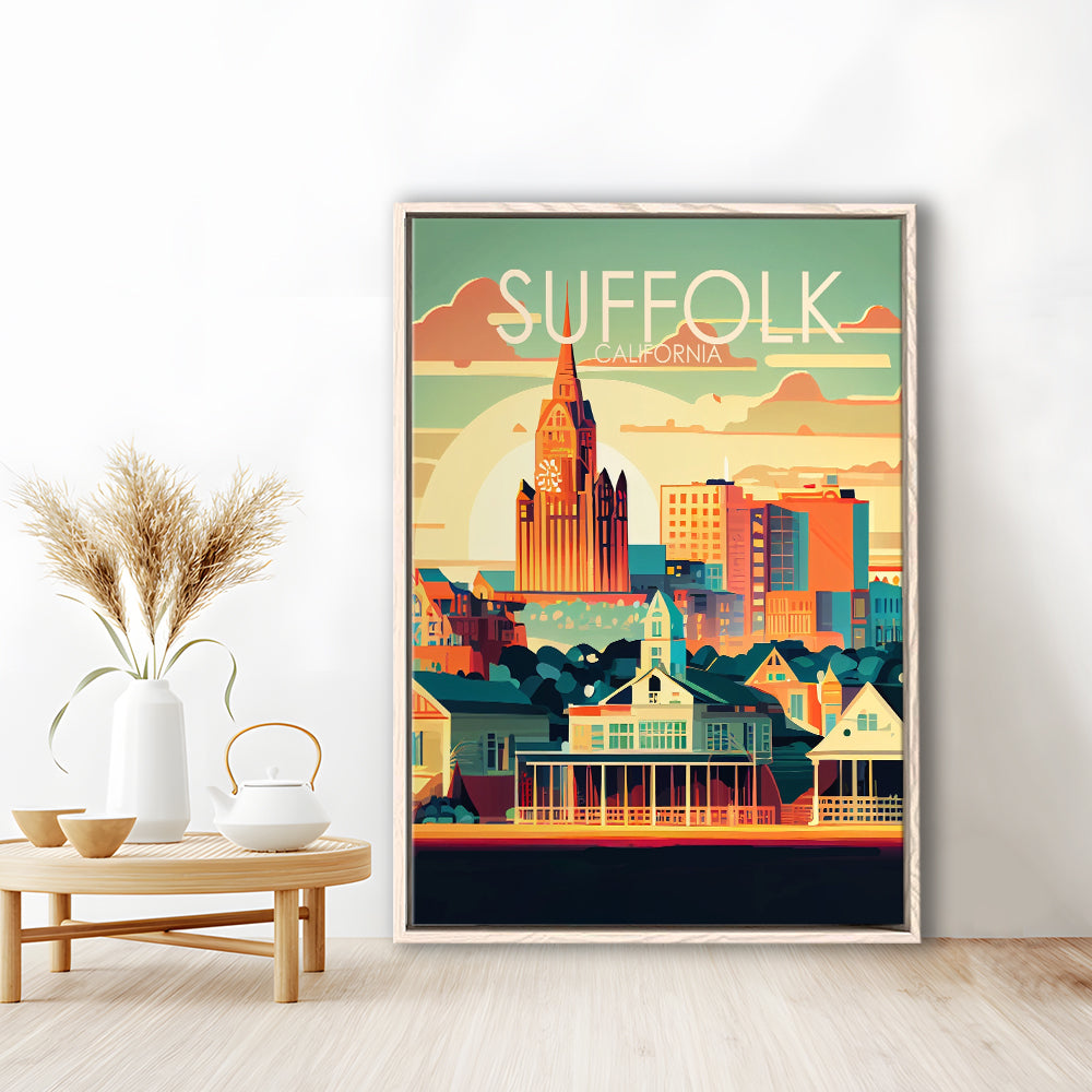 Suffolk Virginia Retro Art Print, Suffolk City Wall Art, Floating Framed Canvas Print, Framed Picture, Painting Canvas
