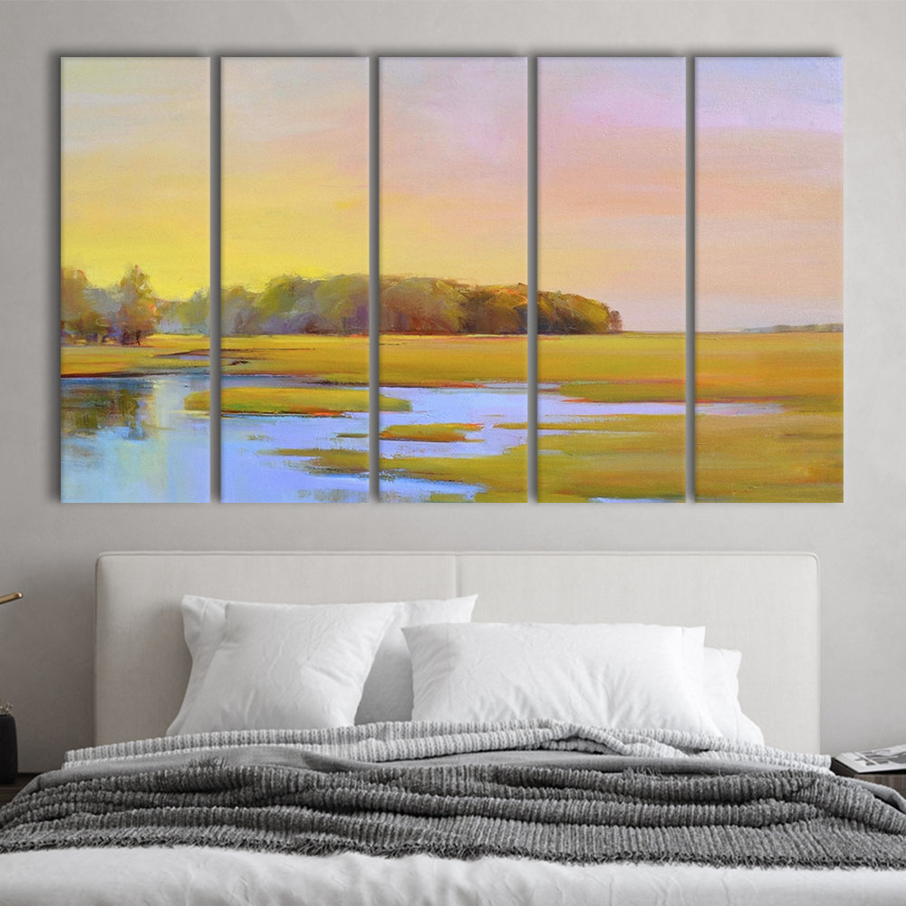 Summer Marsh II Large Stretched Canvas Floating Frame Wall Art Print, 5 Piece B Extra Large Cavas Print Wall Art Decor