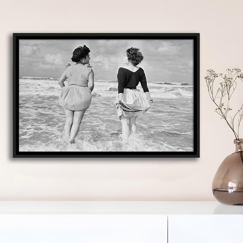 Summer at the Beach Black and White Art Coastal Wall Art, Floating Framed Canvas Print