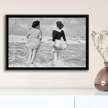 Summer at the Beach Black and White Art Coastal Wall Art, Floating Framed Canvas Print