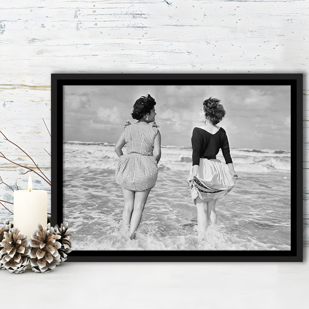 Summer at the Beach Black and White Art Coastal Wall Art, Floating Framed Canvas Print