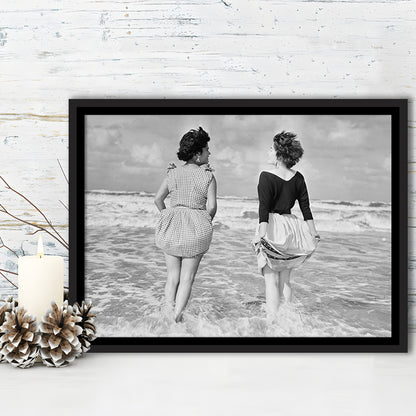 Summer at the Beach Black and White Art Coastal Wall Art, Floating Framed Canvas Print