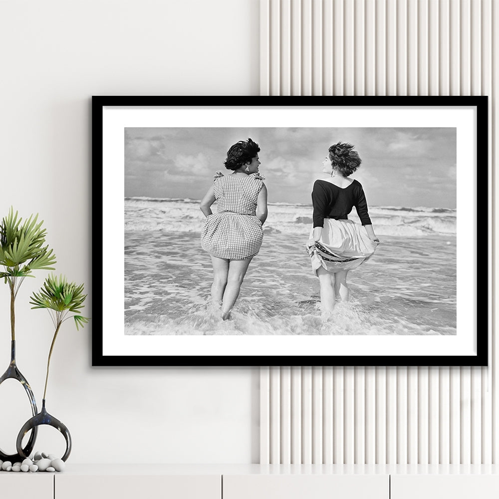 Summer at the Beach Black and White Art Coastal Wall Art, Framed Art Print White Border Wall Decor