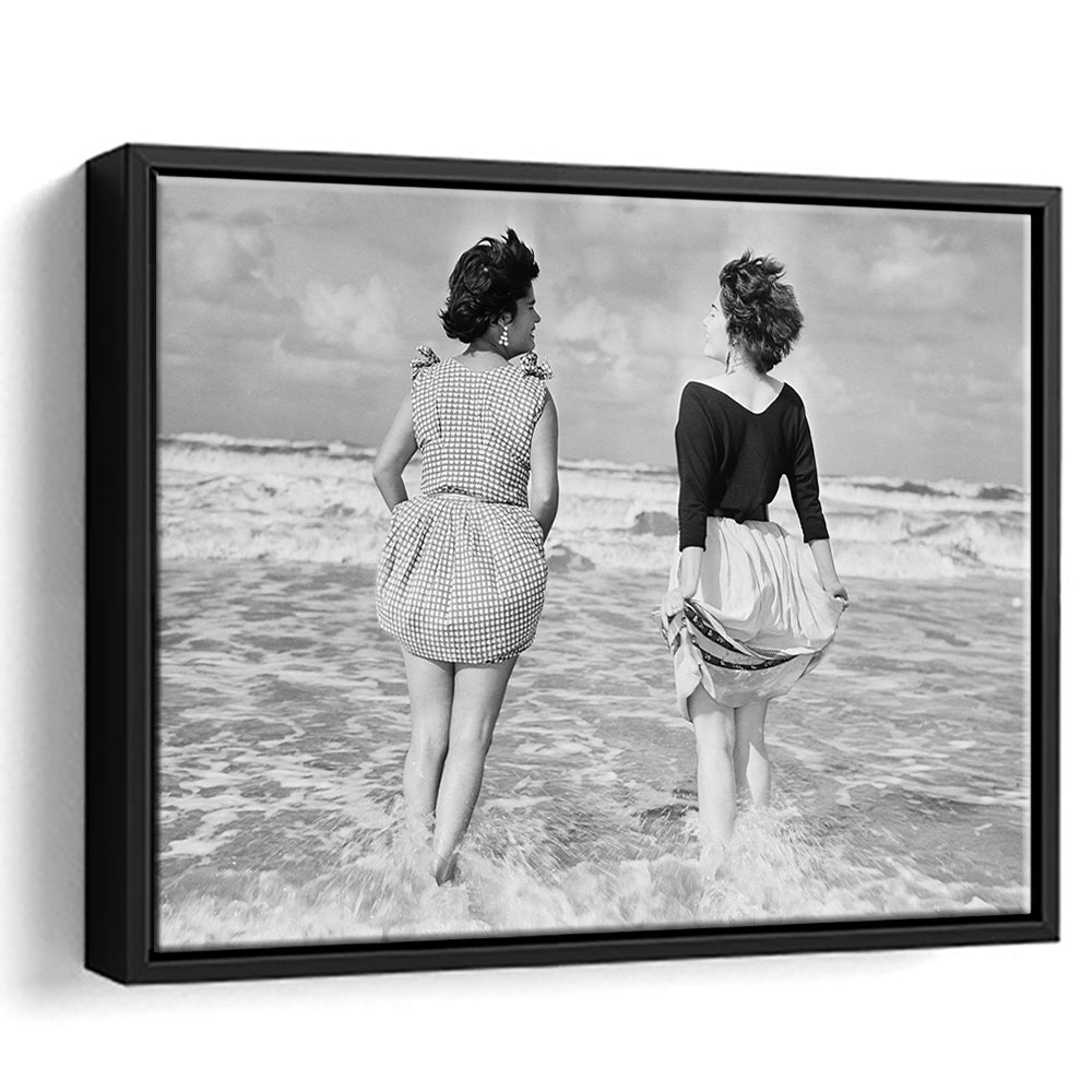 Summer at the Beach Black and White Art Coastal Wall Art, Floating Framed Canvas Print