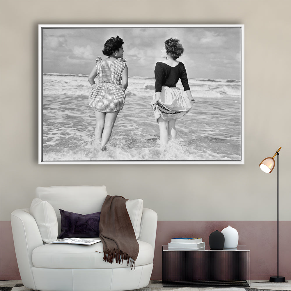 Summer at the Beach Black and White Art Coastal Wall Art, Floating Framed Canvas Print