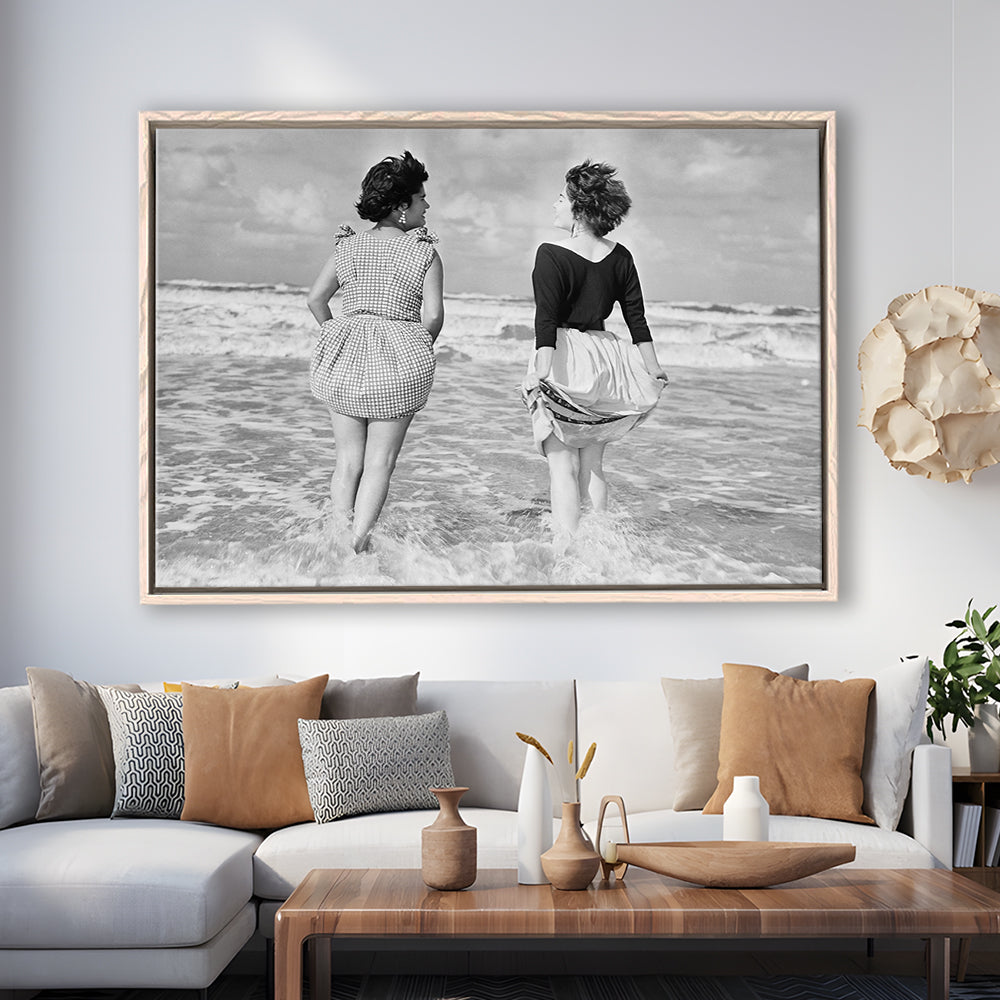 Summer at the Beach Black and White Art Coastal Wall Art, Floating Framed Canvas Print