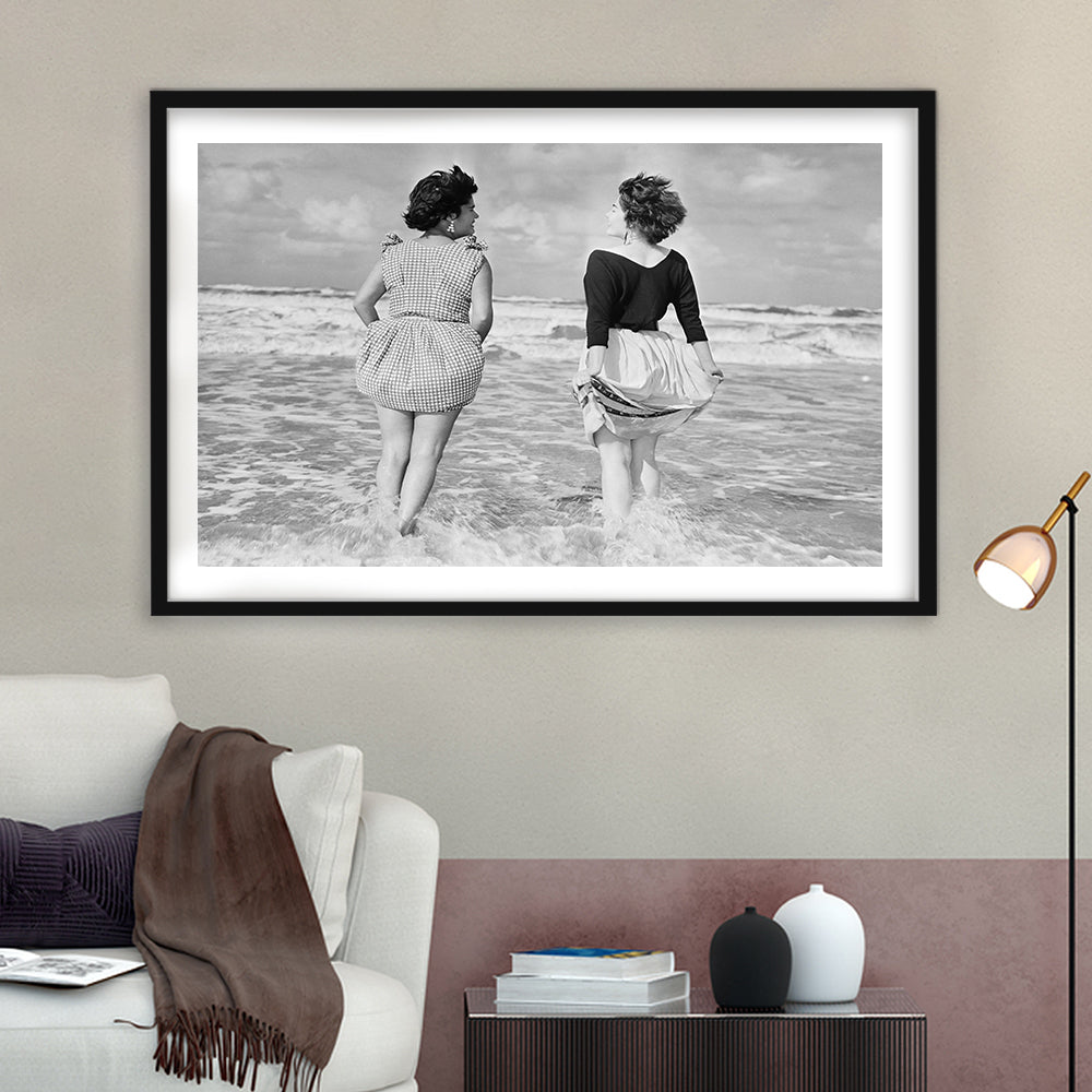 Summer at the Beach Black and White Art Coastal Wall Art, Framed Art Print White Border Wall Decor