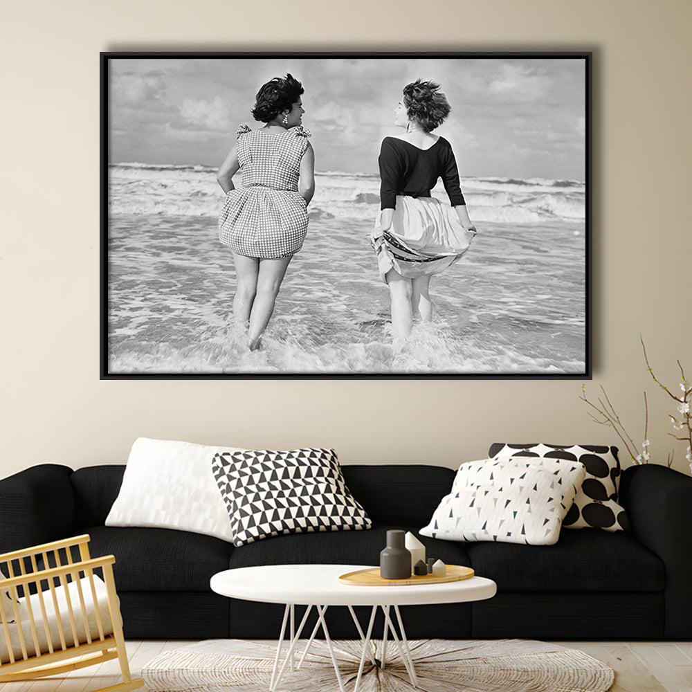 Summer at the Beach Black and White Art Coastal Wall Art, Floating Framed Canvas Print