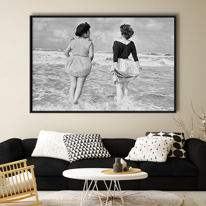 Summer at the Beach Black and White Art Coastal Wall Art, Floating Framed Canvas Print