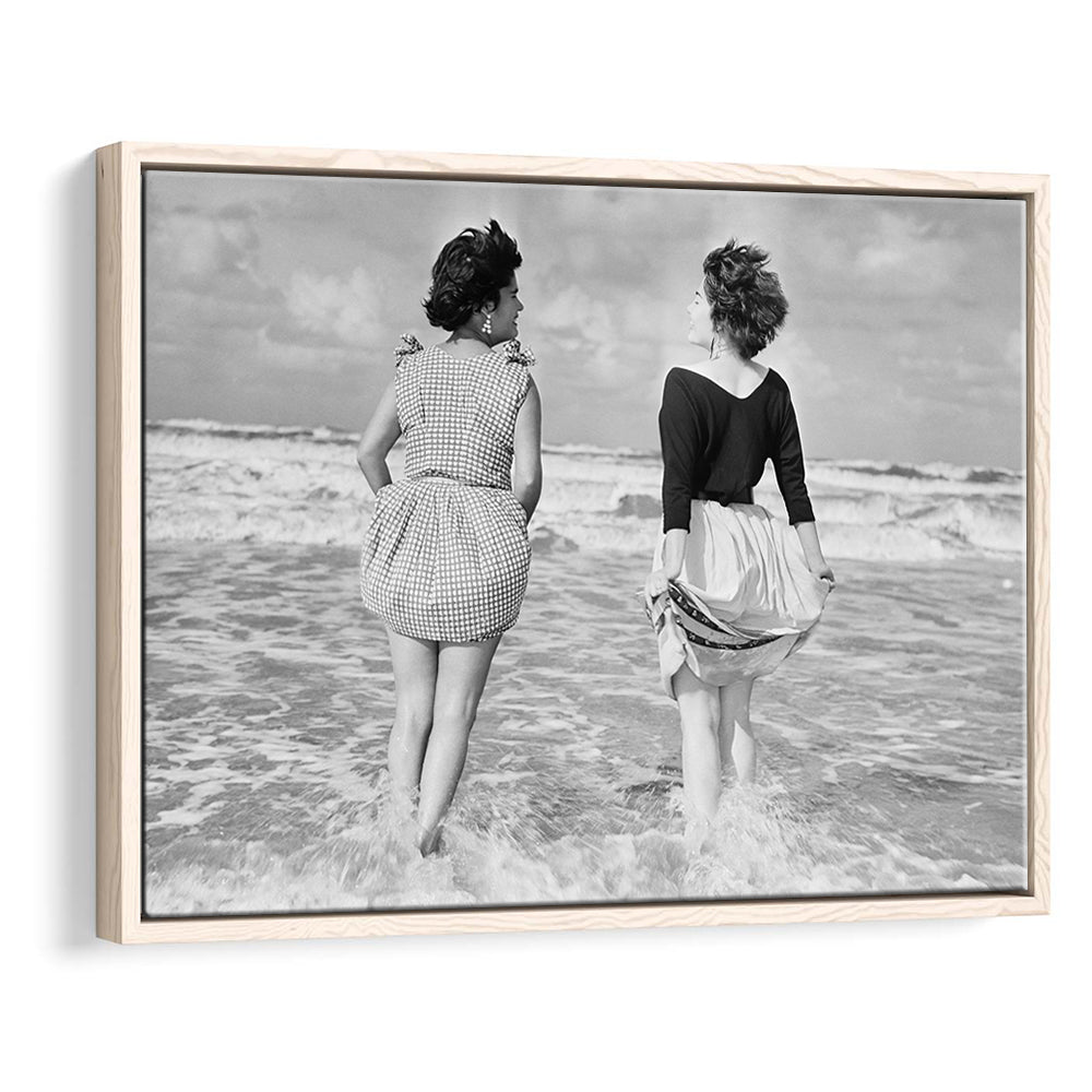 Summer at the Beach Black and White Art Coastal Wall Art, Floating Framed Canvas Print