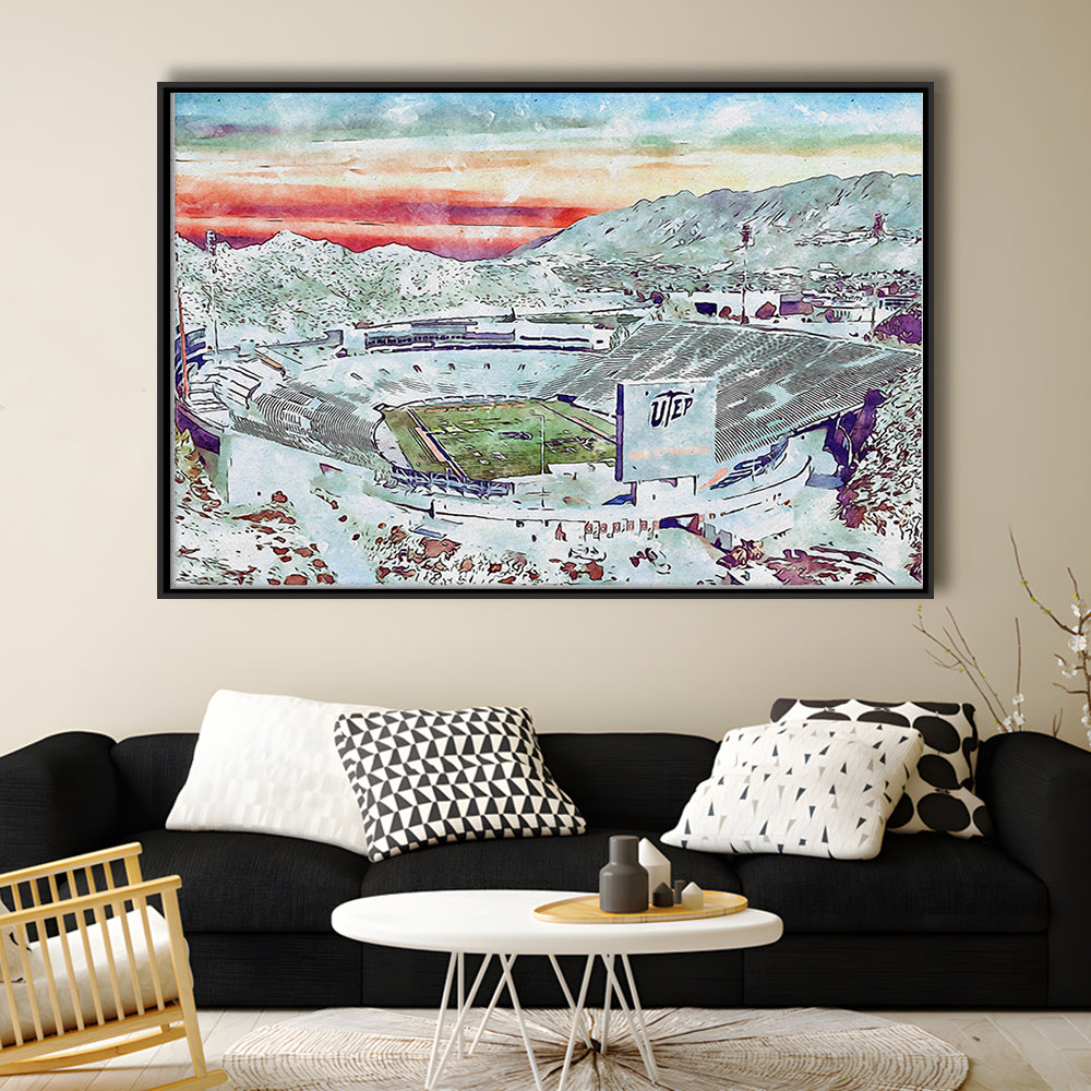 Sun Bowl Painting Stadium Watercolor, El Paso Texas Watercolor, Sport Gift Art, Framed Canvas Print Wall Art